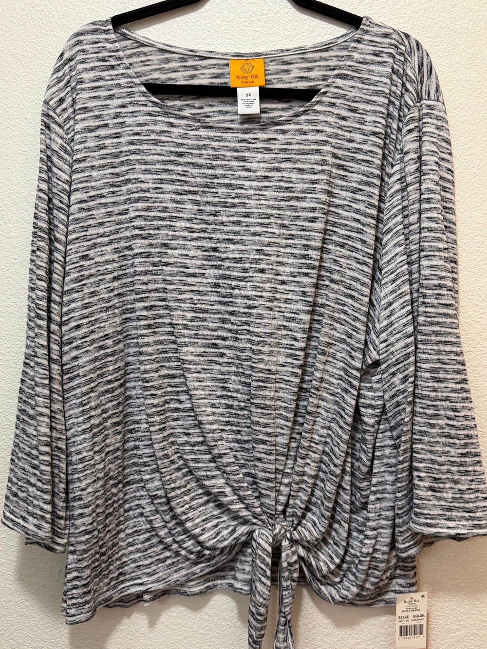 Ruby Rd black white striped top with tie waist, NWT, size 2X